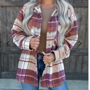 EESOME Boutique Pink Plaid Boho Oversized Warm SnapUp Cabincore Shirt Shacket S